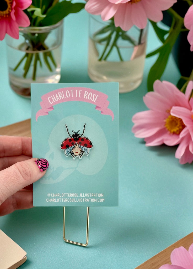 Ladybug Lady face pin badge