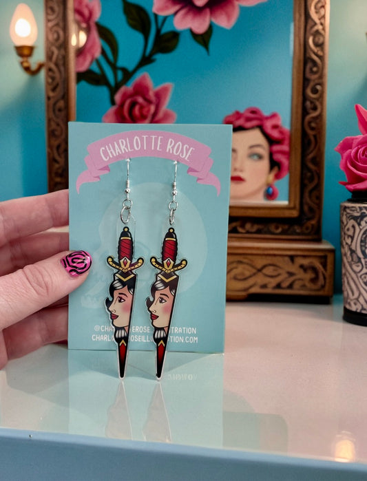 Lady Face Dagger Earrings