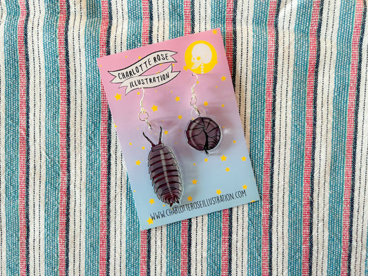 original pill bug Armadillidiidae crustacean odd earrings by charlotte rose