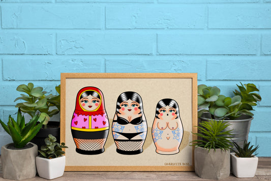 Russian Doll Art Print - Alternative Gothic Illustration A4 Unframed