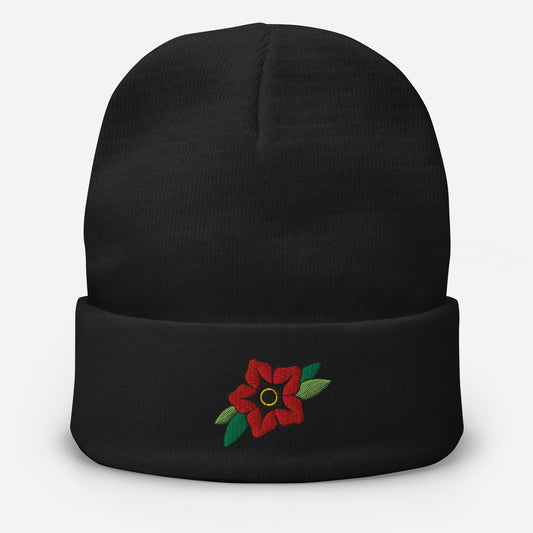 original traditional flower tattoo embroidered beanie hat by charlotte rose