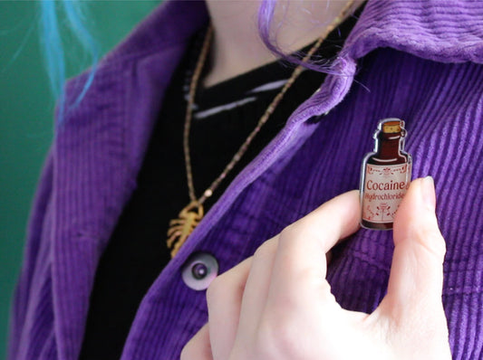 original cocaine vintage medicine bottle pin badge from charlotte rose