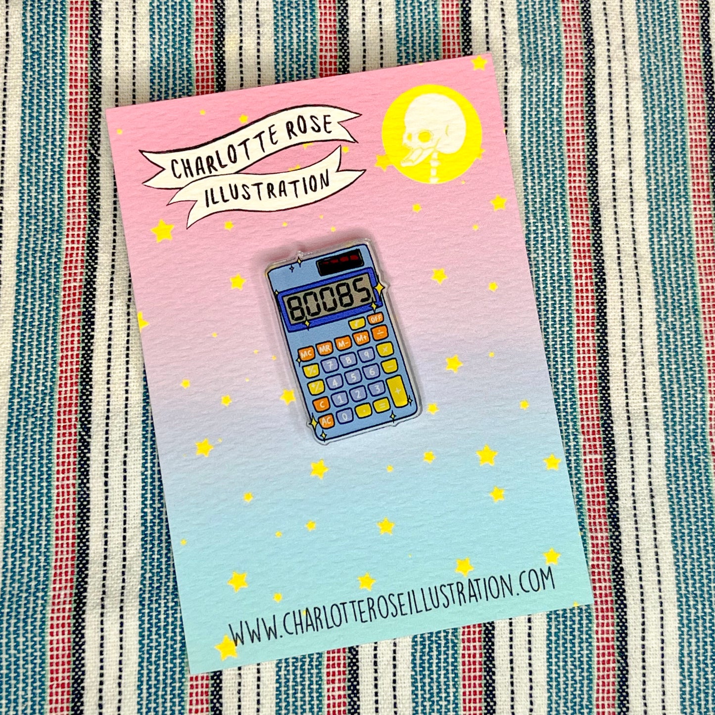 original calculator reading BOOBS 80085 pin badge from charlotte rose