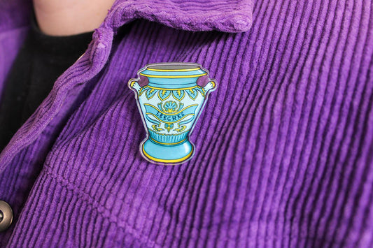 original blue and gold decorative leech vase pin badge from charlotte rose