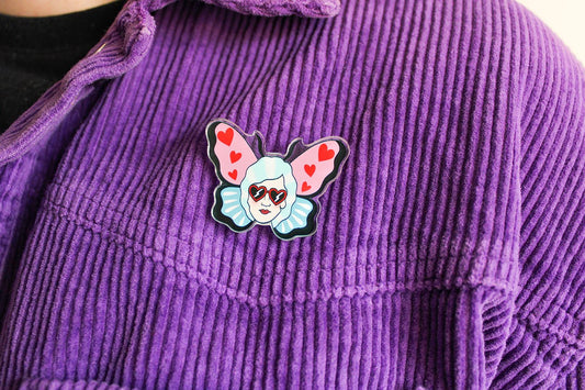 original pink and blue lady head butterfly pin badge from charlotte rose heart sunglasses