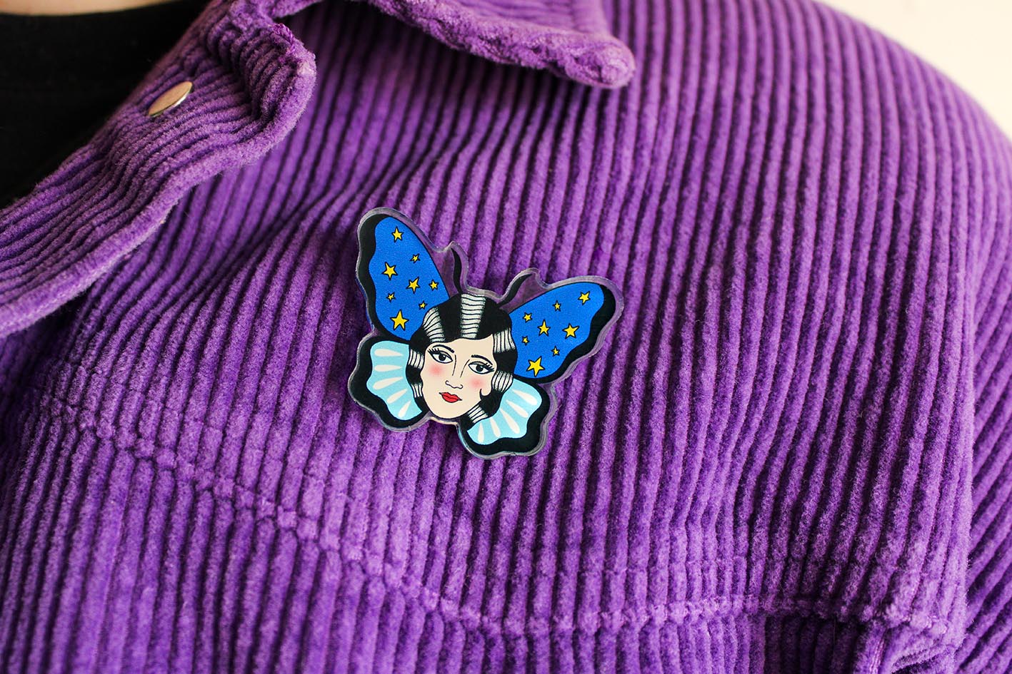 original blue and yellow starry butterfly lady head pin badge from charlotte rose