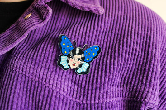 original blue and yellow starry butterfly lady head pin badge from charlotte rose