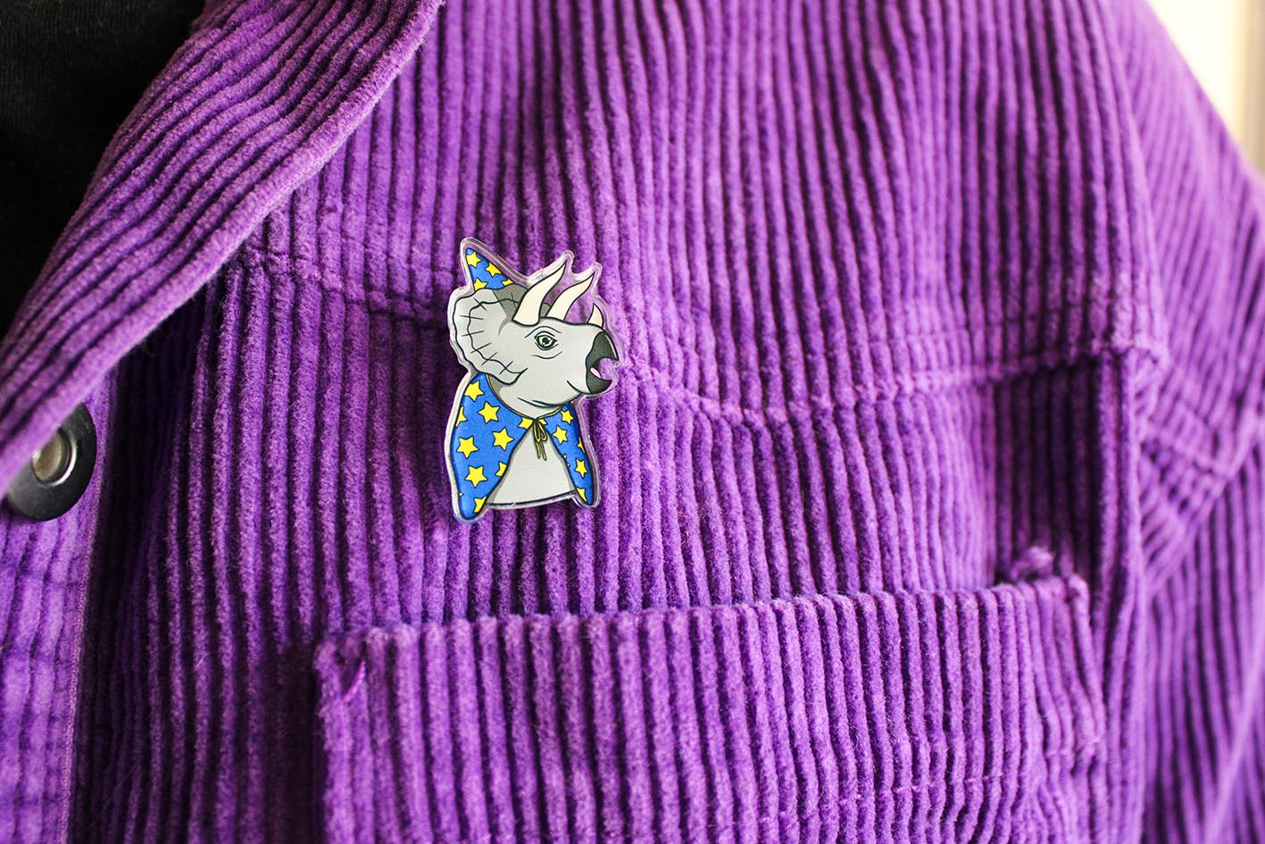 original triceratops dinosaur wizard pin badge from charlotte rose