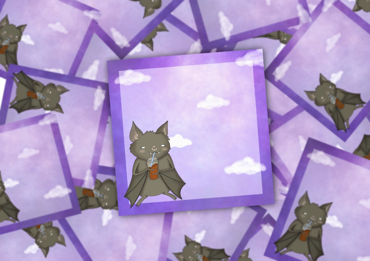 original purple square notepad kawaii cute  bat drinking bubble tea from charlotte rose