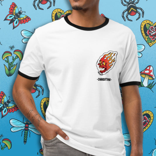 Flaming Skull Sticker ringer t-shirt