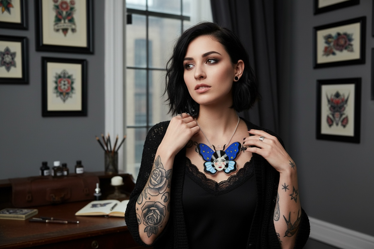 Starry Night Lady Head Butterfly Necklace