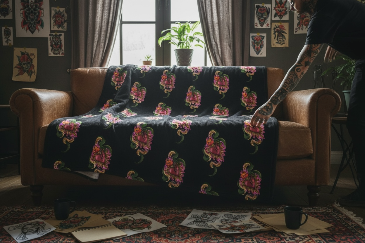 Person adjusting a floral-patterned blanket on a brown couch in a room with tattoos on the wall.