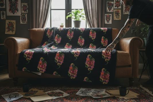 Person adjusting a floral-patterned blanket on a brown couch in a room with tattoos on the wall.