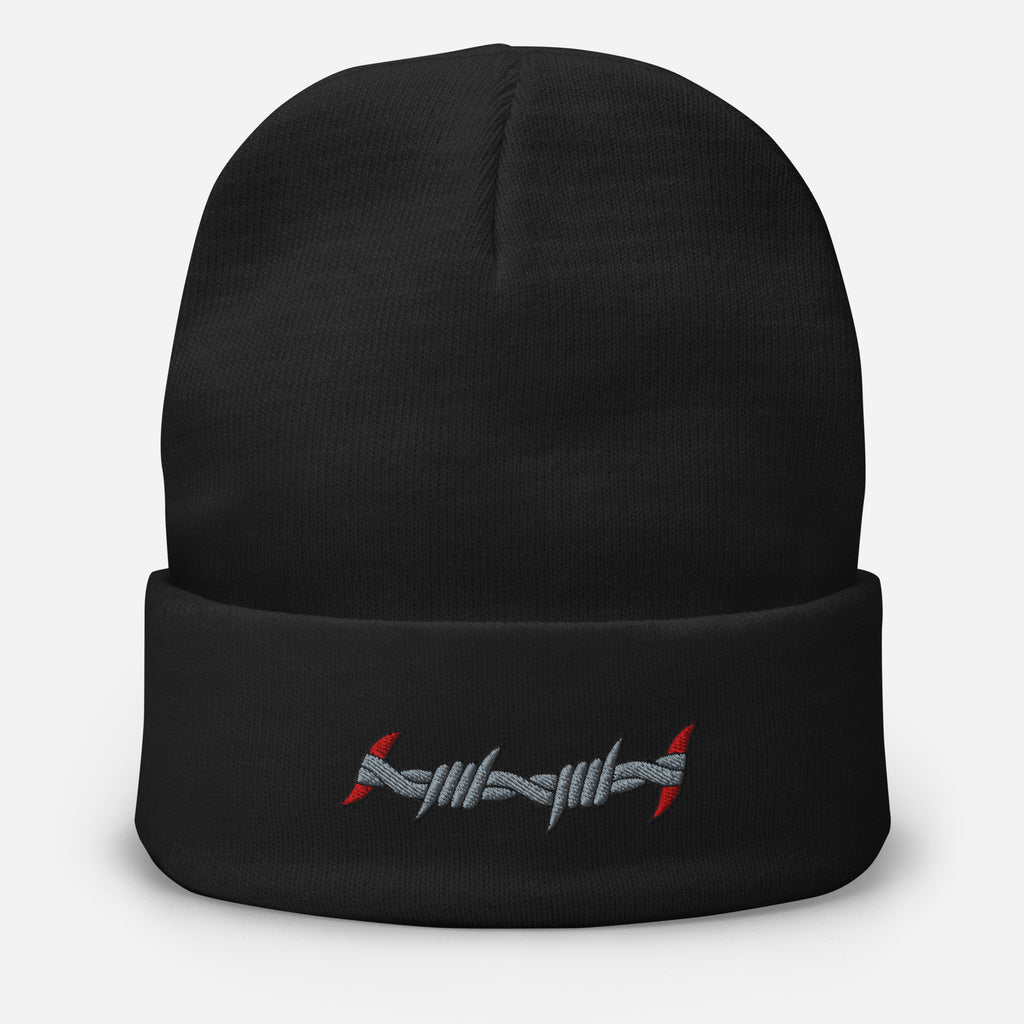 original barbed wire embroidered beanie hat from charlotte rose