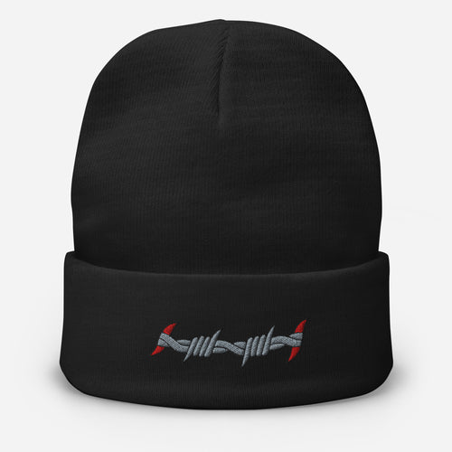 original barbed wire embroidered beanie hat from charlotte rose
