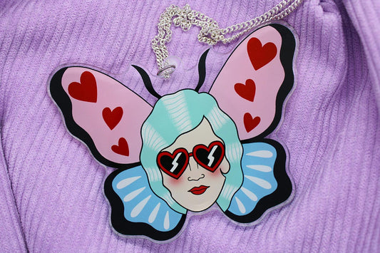 Summertime Girl Lady Head Butterfly Necklace